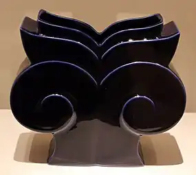 Postmodern vase inspired by the Ionic capital, deisgned by Michael Graves for Swid Powell, 1989, glazed porcelain, Indianapolis Museum of Art, Indianapolis, US