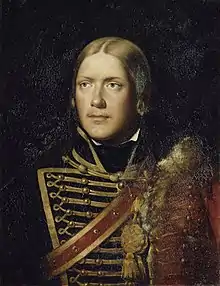 Painting shows a red-haired man wearing a hussar uniform.