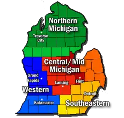 Southern Michigan is located between the Western and Southeastern regions of Michigan.
