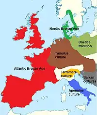 Blue : Apennine culture, Yellow : Terramare culture, Brown : Tumulus culture, Red : Atlantic Bronze Age, Green : Nordic Bronze Age, Apple green : Cultures of Unetice tradition, Gray : Balkan cultures.