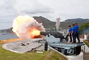 A restored 9 Inch MLR Gun being fired at the Middle North Battery overlooking the town.