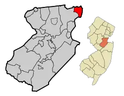 Location of Carteret in Middlesex County highlighted in red (left). Inset map: Location of Middlesex County in New Jersey highlighted in orange (right).