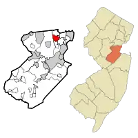Location of Iselin in Middlesex County highlighted in red (left). Inset map: Location of Middlesex County in New Jersey highlighted in orange (right).