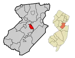 Location of South River in Middlesex County highlighted in red (left). Inset map: Location of Middlesex County in New Jersey highlighted in orange (right).