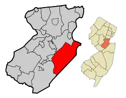Location of Old Bridge Township in Middlesex County highlighted in red (left). Inset map: Location of Middlesex County in New Jersey highlighted in orange (right).