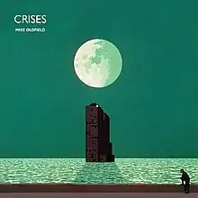 A green coloured seascape with a large moon in the upper centre of the image above a tower building rising out of the sea. The building casts a shadow from the moonlight onto the water. At the bottom of the image a man stands with one foot on a wall.