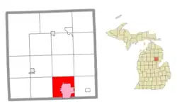 Location within Ogemaw County (red) and the administered CDP of Skidway Lake (pink)