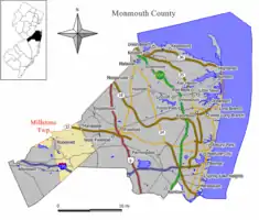 Location of Millstone Township in Monmouth County highlighted in yellow (right). Inset map: Location of Monmouth County in New Jersey highlighted in black (left).