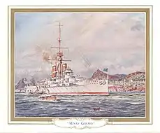 Minas Geraes painted in 1908 by Charles de Lacy for Armstrong Whitworth, from printed booklet available at launch