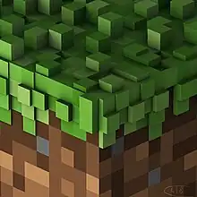 Close-up image of a Minecraft grass block rendered in 3D, viewed from the corner.