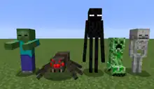 Standing on a flat grassy plain against a blue sky, there is a green zombie wearing a blue shirt and purple pants; a large spider with red eyes; a tall, black, slender creature with purple eyes; a green, four-legged creature; and a skeleton.
