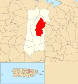 Location of Minillas within the municipality of Bayamón shown in red