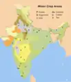 Minor crop areas in India: P pulses, S sugarcane, J jute, Cn coconut, C cotton, and T tea