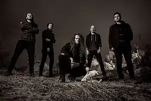 Miss May I in 2014. From left to right: BJ Stead, Justin Aufdemkampe, Levi Benton, Ryan Neff and Jerod Boyd