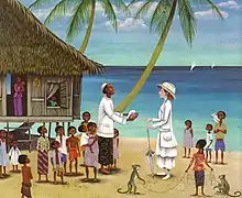 This illustration shows Miss Rumphius on her first journey abroad, meeting the king of an Indonesian fishing village. They are standing outside his beachfront home that stands on stilts for when the high tide comes inland. He is surrounded by many children, some of whom have pet cockatoos or monkey in tow.