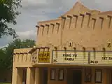 The former Mission Twins Theater in downtown Dalhart is covered in stucco over the original brick to give it an adobe look.