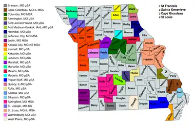 Map of the 27 core-based statistical areas in Missouri.