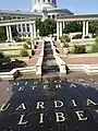 A fountain dedicated to veterans in the Capitol Complex. The text says "Missouri Veterans Guardians of Liberty"