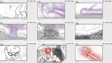 Nine panels from a storyboard of "Twilight's Kingdom" depicting an action sequence between Twilight and Tirek