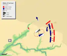 day 6 phase 2, showing khalid's two prong attack on Byzantine cavalry, and Muslim right wing flanking attack on Byzantine left centre.