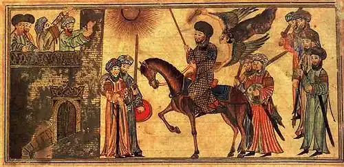 Mohammad (riding the horse) receiving the submission of the Banu Nadir, also Jami Al-Tawarikh. 1314 - 1315.