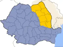 Map of Romania with region Moldavia in yellow