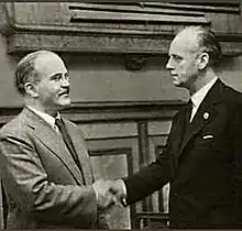 Image 37Soviet foreign minister Vyacheslav Molotov (left) meets with German foreign minister Joachim von Ribbentrop at the signing of the German–Soviet non-aggression pact on 23 August 1939 (from Diplomatic history of World War II)