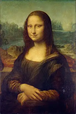 Mona Lisa; by Leonardo da Vinci; c. 1503–1506, perhaps continuing until c. 1517; oil on poplar panel; 77 cm × 53 cm; Louvre