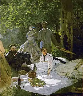 Claude Monet painting Déjeuner sur l'herbe from 1866 artists sitting on picnic blanket