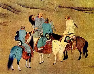 Khitan hunters on horseback with one rider holding an eagle