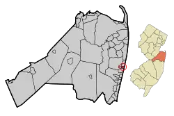 Location of Allenhurst in Monmouth County circled and highlighted in red (left). Inset map: Location of Monmouth County in New Jersey highlighted in orange (right).