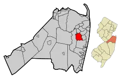 Location of Eatontown in Monmouth County highlighted in red (left). Inset map: Location of Monmouth County in New Jersey highlighted in orange (right).