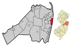 Location of Long Branch in Monmouth County highlighted in red (left). Inset map: Location of Monmouth County in New Jersey highlighted in orange (right).