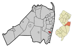 Location of Neptune City in Monmouth County highlighted in red (left). Inset map: Location of Monmouth County in New Jersey highlighted in orange (right).