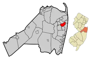 Map of Oceanport in Monmouth County. Inset: Location of Monmouth County highlighted in the State of New Jersey.