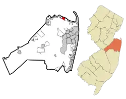 Location of Port Monmouth in Monmouth County highlighted in red (left). Inset map: Location of Monmouth County in New Jersey highlighted in orange (right).