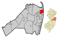 Map of Rumson in Monmouth County. Inset: Location of Monmouth County highlighted in the State of New Jersey.