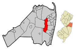 Map of Tinton Falls in Monmouth County. Inset: Location of Monmouth County highlighted in the State of New Jersey.