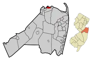 Location of Union Beach in Monmouth County highlighted in red (left). Inset map: Location of Monmouth County in New Jersey highlighted in orange (right).