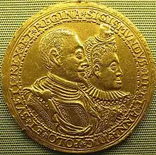 Gold coin featuring King Sigismund and Queen Anne, 1598