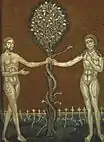 Detail of the mosaic with Adam and Eve and the Tree of Knowledge