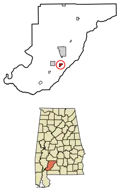 Location of Excel in Monroe County, Alabama.