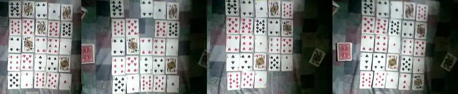 A game of Monte Carlo. From left, layout at the start of the game, and layout after pairs are removed, consolidation of cards, addition of new cards.
