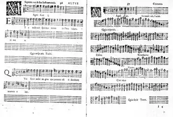  Two pages of printed music, an alto part left, the corresponding basso continuo right, with names of other instruments right