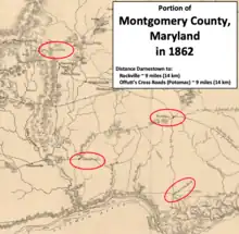 old map showing Darnestown, Nealsville, Rockville, and Offutt's Cross Roads