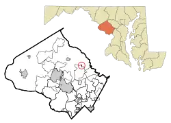 Location of Brookeville in Montgomery County, Maryland, Inset: Location of Montgomery County in Maryland.