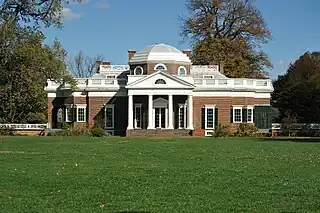 A colour photograph of the front of Monticello.