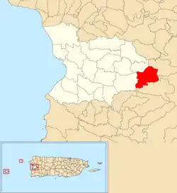 Location of Montoso within the municipality of Mayagüez shown in red