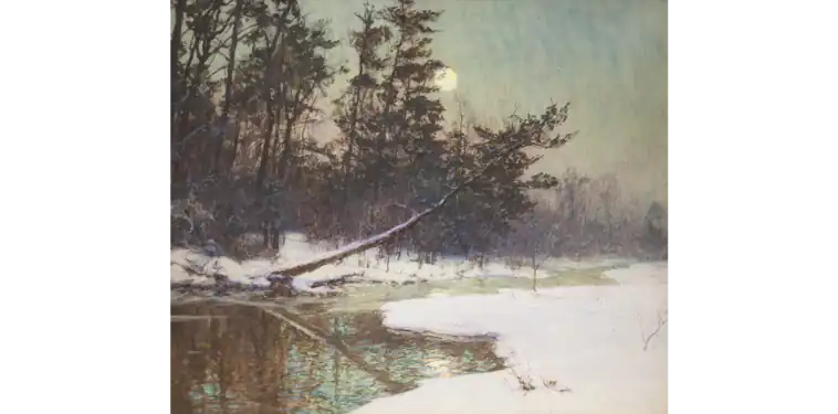 Moonrise Over a Snowy Landscape, late 19th Century watercolor, gouache, and crayon on paper laid down on board.