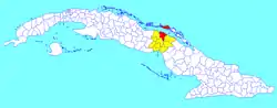 Morón municipality (red) within  Ciego de Ávila Province (yellow) and Cuba